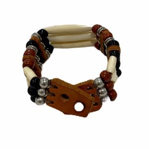 Vintage Leather and Seed Bead Cuff Bracelet